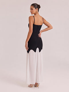 Elegant Black & White Strapless Mermaid Gown With Pearl Trim & Sheer Skirt