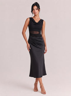 Off-shoulder Waist Mesh Hollowed-out Pleated Slim-fit Slit Long Dress