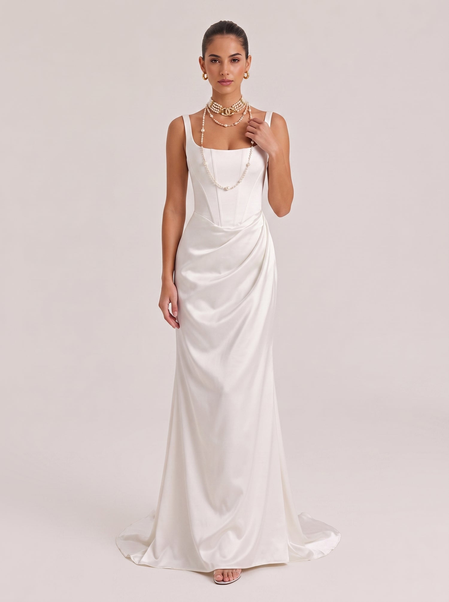 Square Collar Suspenders Fishbone Waisted Pleated Satin Trailing Wedding Dress