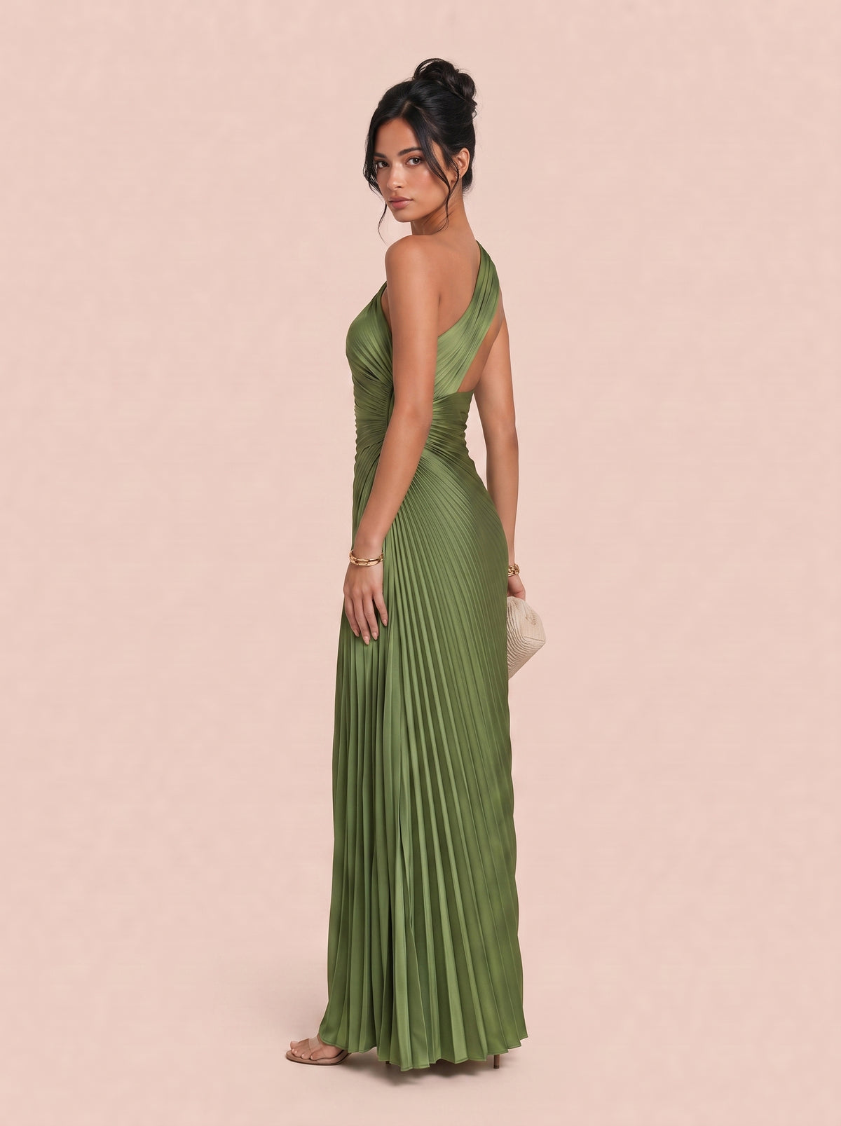 One Shoulder Crossneck Pleated Twisted Satin Long Evening Gown