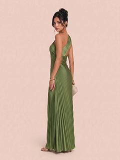 One Shoulder Crossneck Pleated Twisted Satin Long Evening Gown