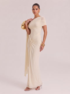 Slim-Fit Long Evening Gown With Slant Shoulder Waist And Pleated Waist