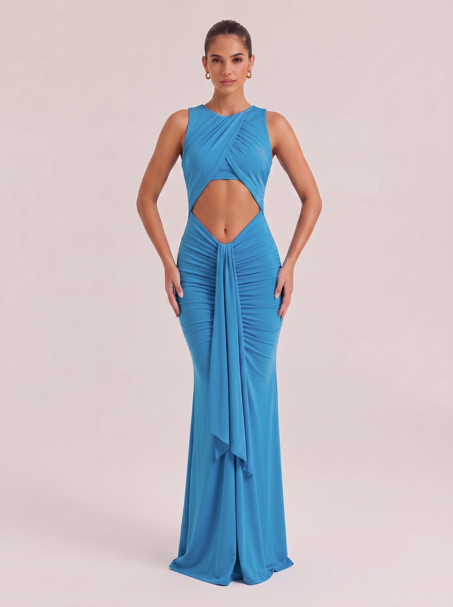 Hanging Neck Hollow Waist Side Twisted Pleated Slim-fit Holiday Long Dress