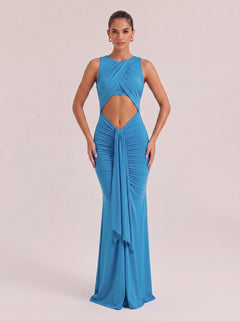 Hanging Neck Hollow Waist Side Twisted Pleated Slim-fit Holiday Long Dress