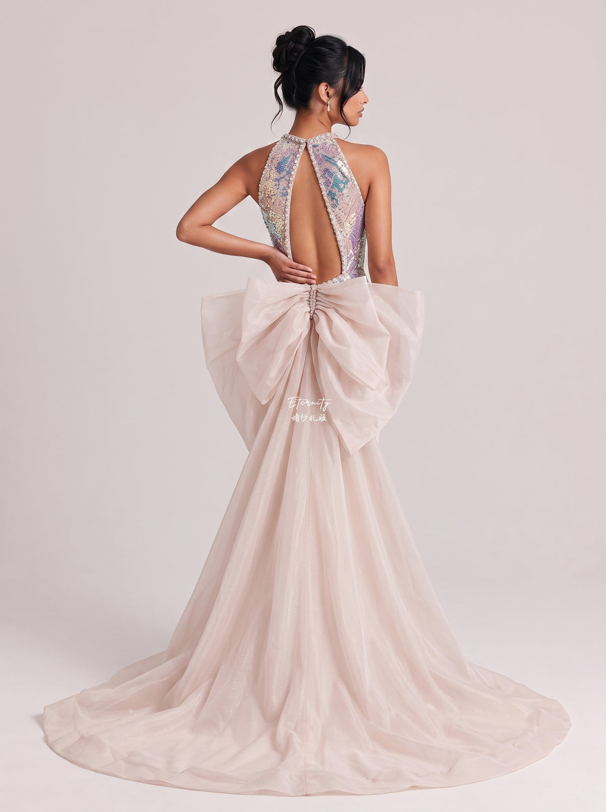 Phantom Sequins Hanging Neck Diamond Hollow-out Fishtail Dress Large Mesh Trailing Dress