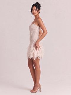 Strapless Beaded Ostrich Feather Short Wedding Dress Party Skirt