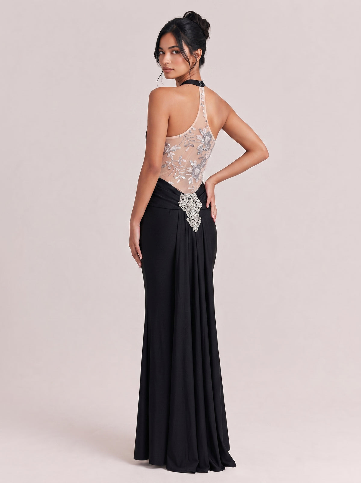 Hanging Neck Deep V Rhinestone Waist Look-through Split Slim-fit Black Fishtail Evening Dress