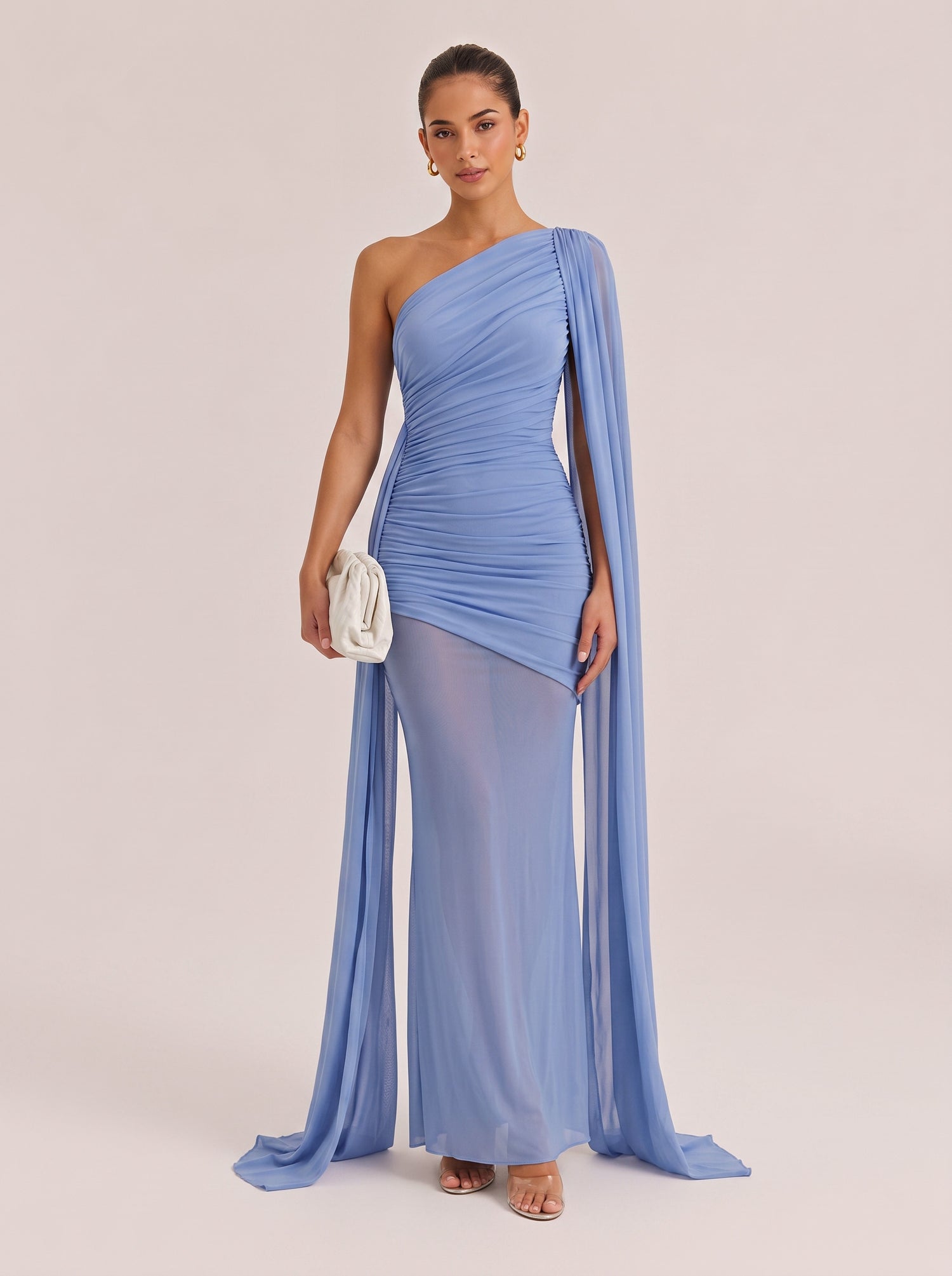 Slim-fit Long Shoulder Full-body Pleated Strap See-through Mesh Dress