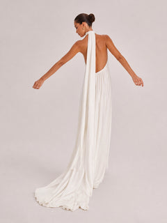 Minimalist Silk-Feel Halter Neck Backless Maxi Dress With Draped Train