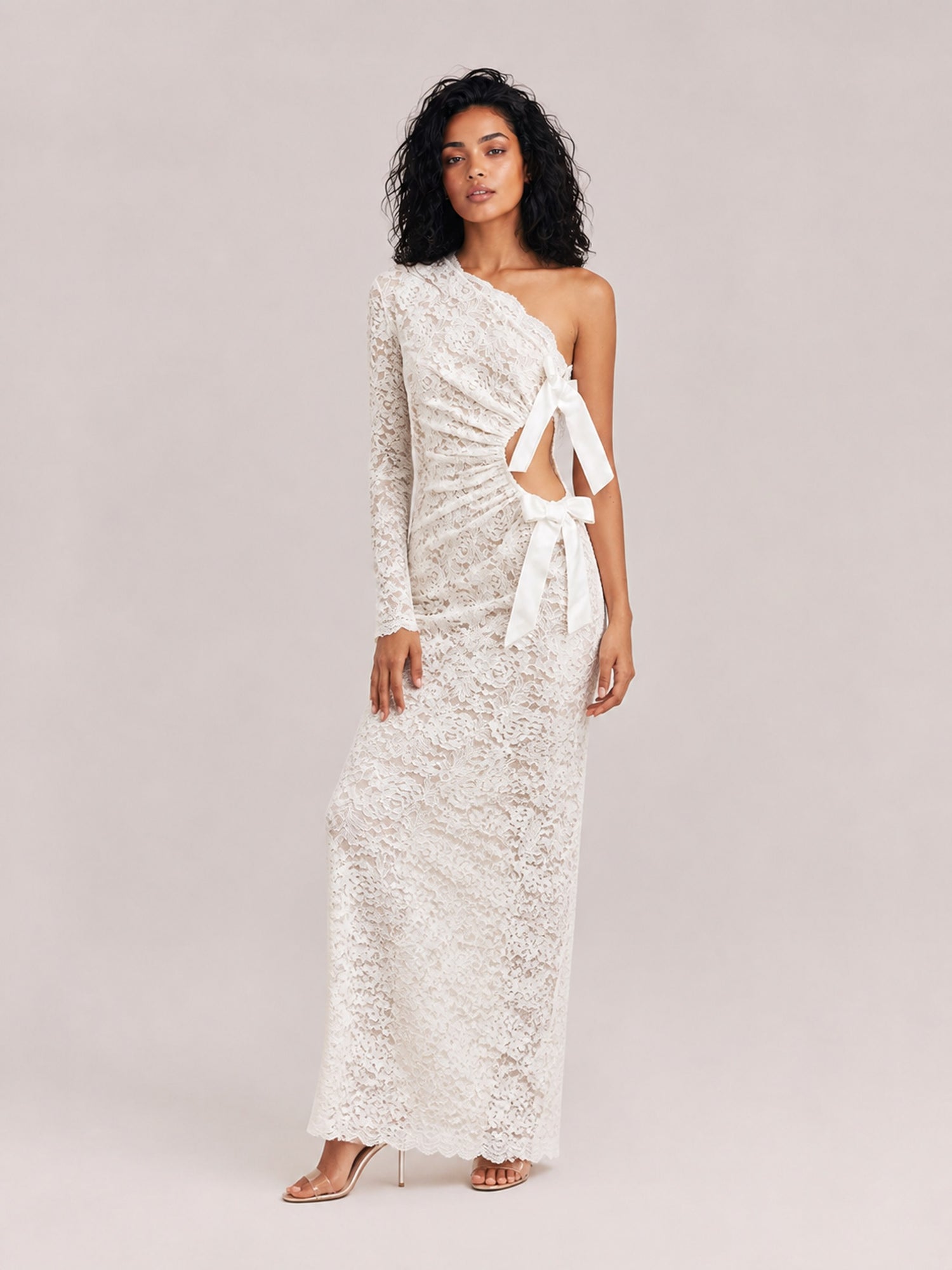 White Lace Shoulder Long Sleeve Cut-out Waist Bow Pleated Fishtail Dress