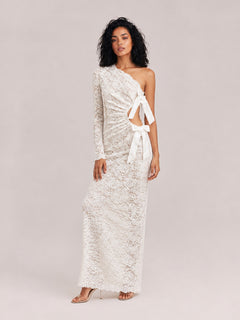 White Lace Shoulder Long Sleeve Cut-out Waist Bow Pleated Fishtail Dress