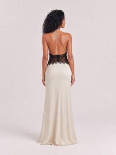 Satin Neck Deep V Black Lace Waist Stitching Slim-fit Long Dress
