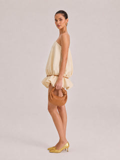 Beige Strapless Notched Collar Waisted Ruffled Loose Short Bud Dress