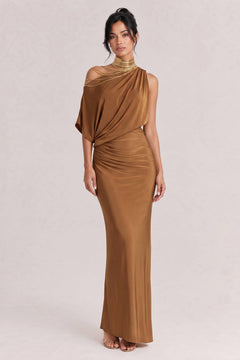 Oblique Collar Off-Shoulder Pleated Maxi Dress