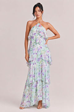 Halter Neck Multi-Layered Ruffle Floral Print Dress