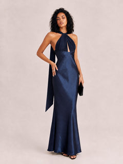 Lustrous Satin Halter Twist Neck Maxi Dress With Side Slit
