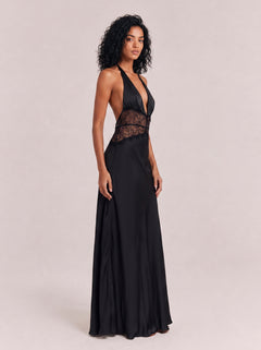 Satin Neck Deep V Black Lace Waist Stitching Slim-fit Long Dress