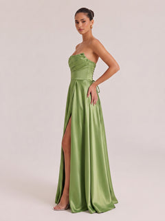 Strapless Pleated High-Waist Split Satin Long Evening Gown