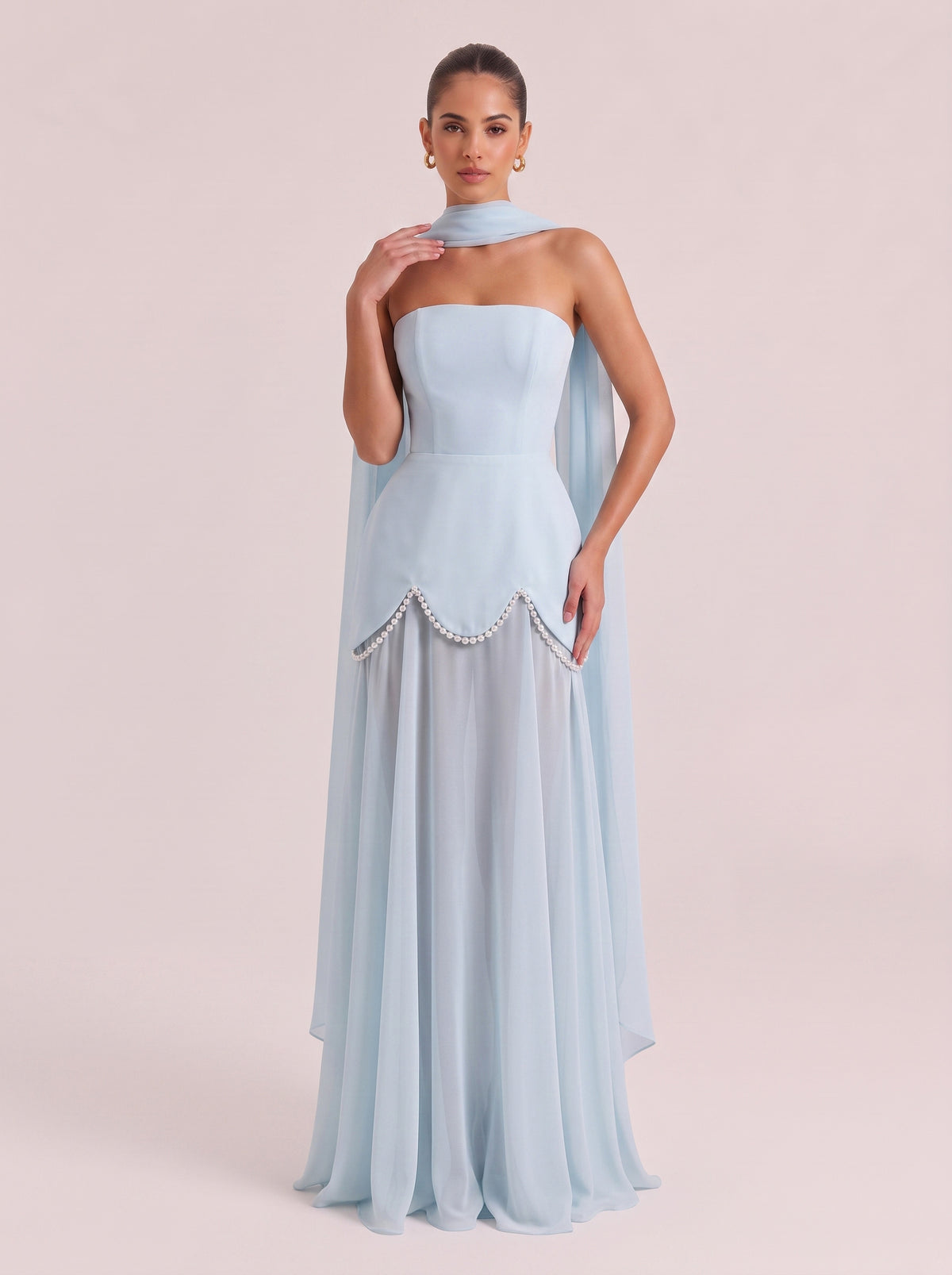Strapless Shoulder Satin Pearl Stitching Chiffon Long Light Wedding Dress