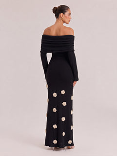 Black Off-shoulder Pleated Long Sleeve Three-dimensional White Flower Slim Fishtail Long Dress