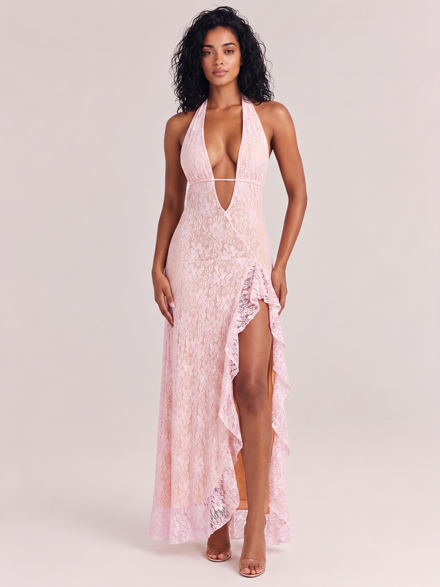 Light Pink Deep V Neck Lace Hollow High Split Irregular Dress