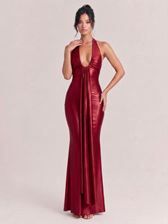 Deep V-Neck Pleated Satin Slim-Fit Fishtail Long Dress