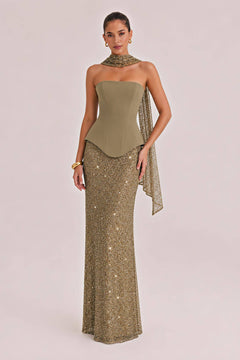 Elegant Strapless Sequin Skirt And Shawl Two-Piece Set
