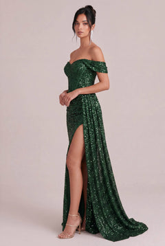 Off-Shoulder Sequin Slit Maxi Dress