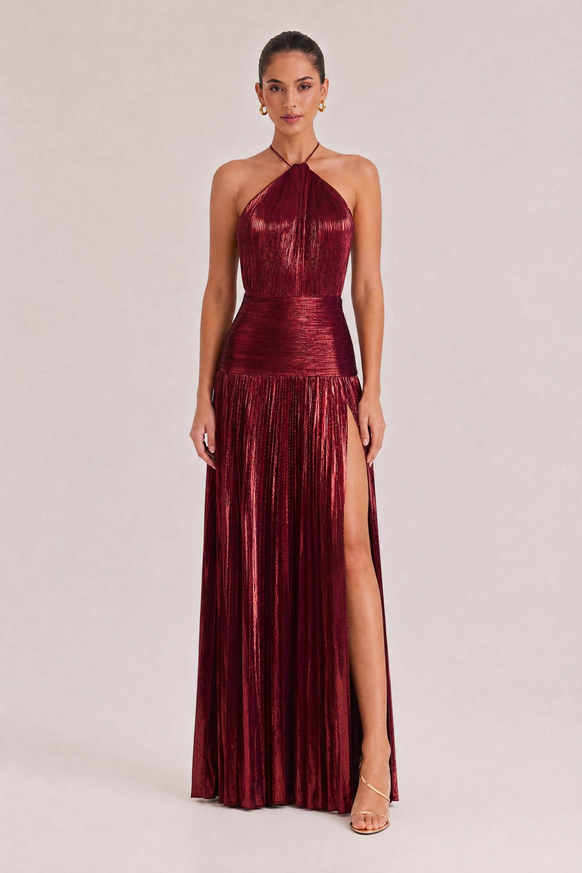 Elegant Metallic Pleated Halter Neck Maxi Dress