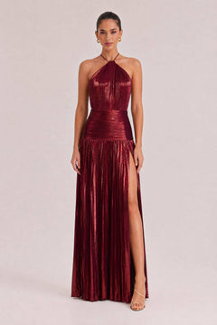 Elegant Metallic Pleated Halter Neck Maxi Dress
