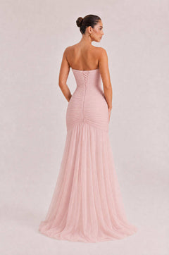 Elegant Strapless Pleated Tulle Maxi Dress