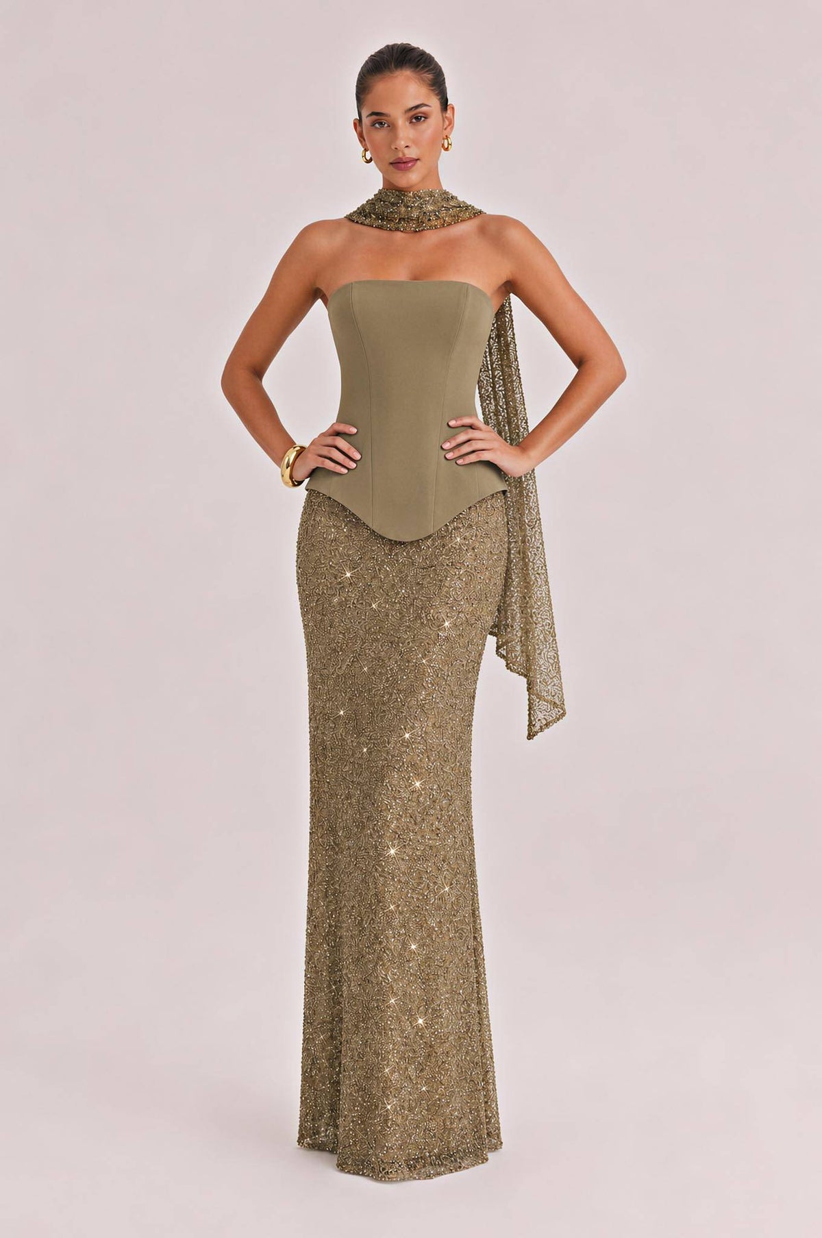 Elegant Strapless Sequin Skirt And Shawl Two-Piece Set