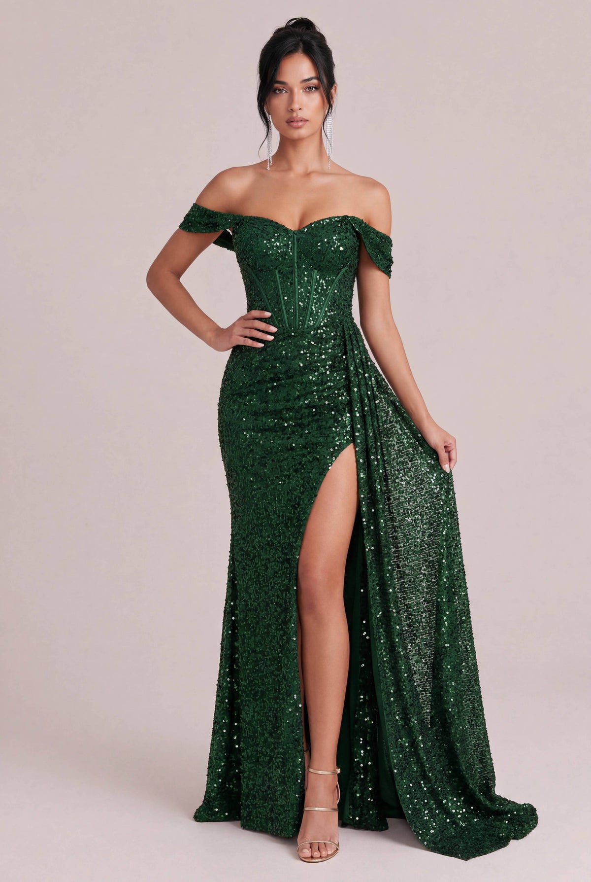 Off-Shoulder Sequin Slit Maxi Dress