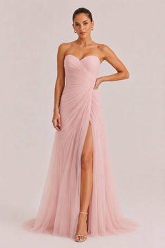 Elegant Strapless Pleated Tulle Maxi Dress