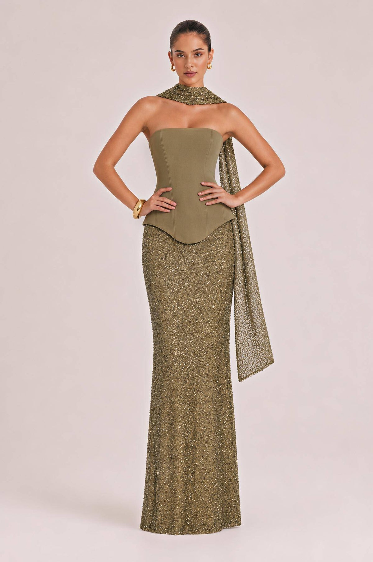 Elegant Strapless Sequin Skirt And Shawl Two-Piece Set