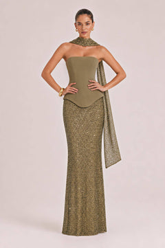 Elegant Strapless Sequin Skirt And Shawl Two-Piece Set