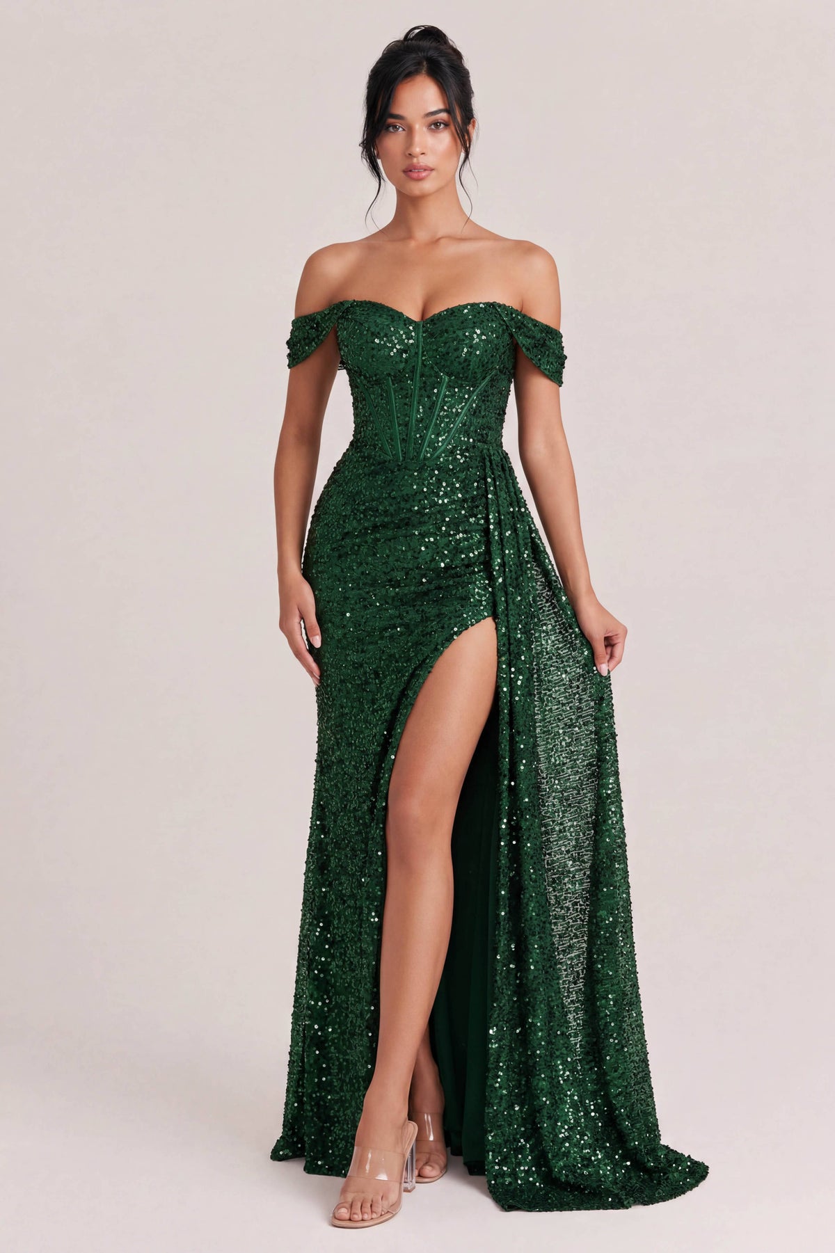 Off-Shoulder Sequin Slit Maxi Dress