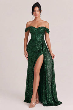 Off-Shoulder Sequin Slit Maxi Dress
