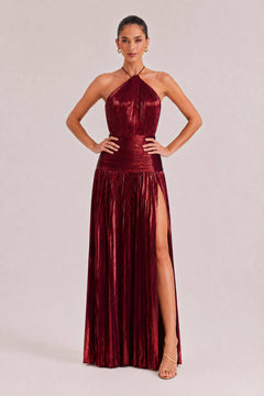Elegant Metallic Pleated Halter Neck Maxi Dress