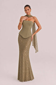 Elegant Strapless Sequin Skirt And Shawl Two-Piece Set
