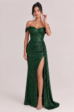 Off-Shoulder Sequin Slit Maxi Dress
