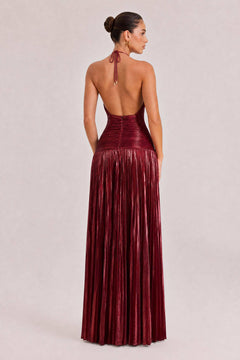 Elegant Metallic Pleated Halter Neck Maxi Dress