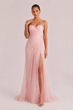 Elegant Strapless Pleated Tulle Maxi Dress