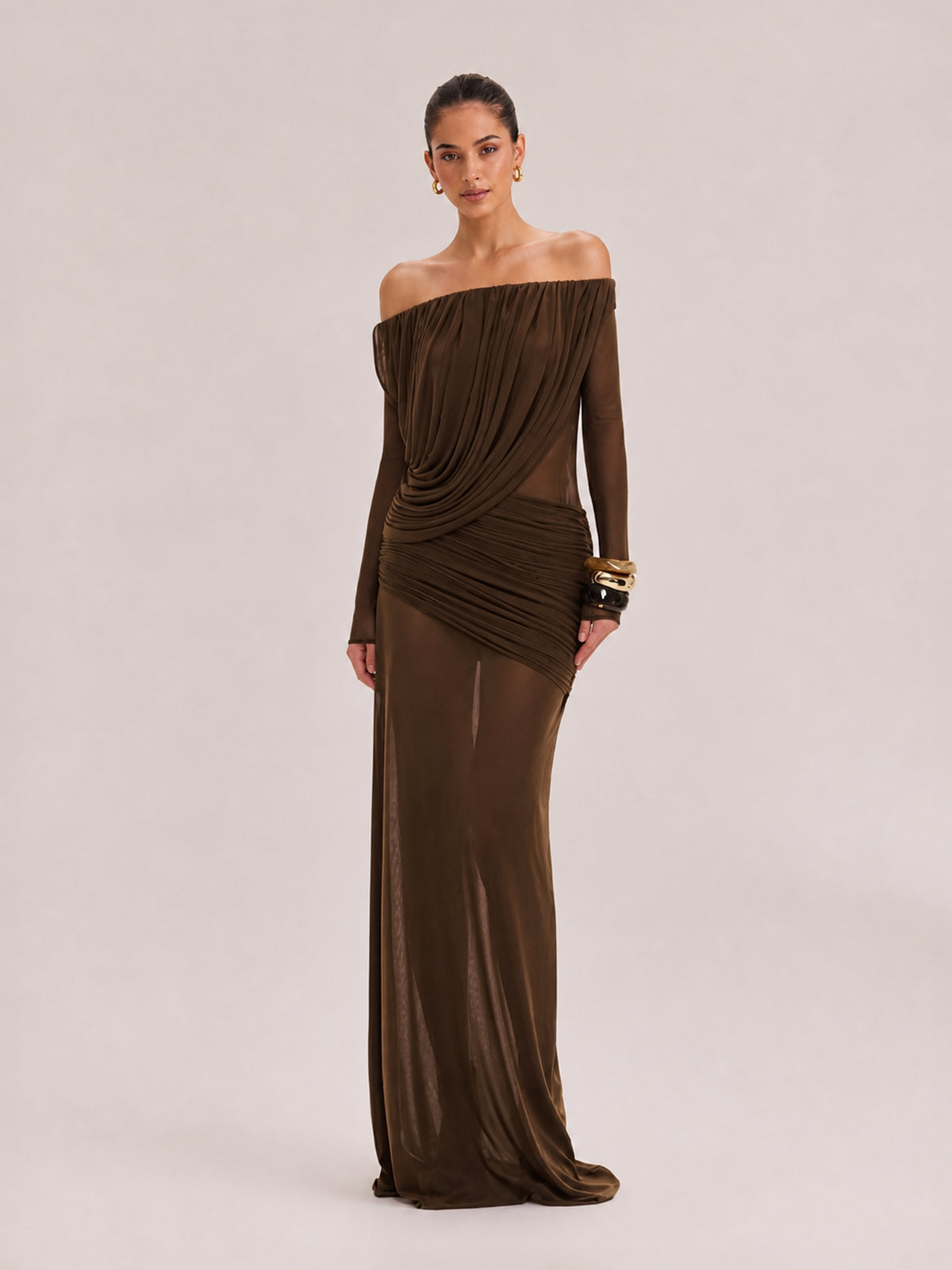French Vintage Pleated Mesh One-Shoulder Dress