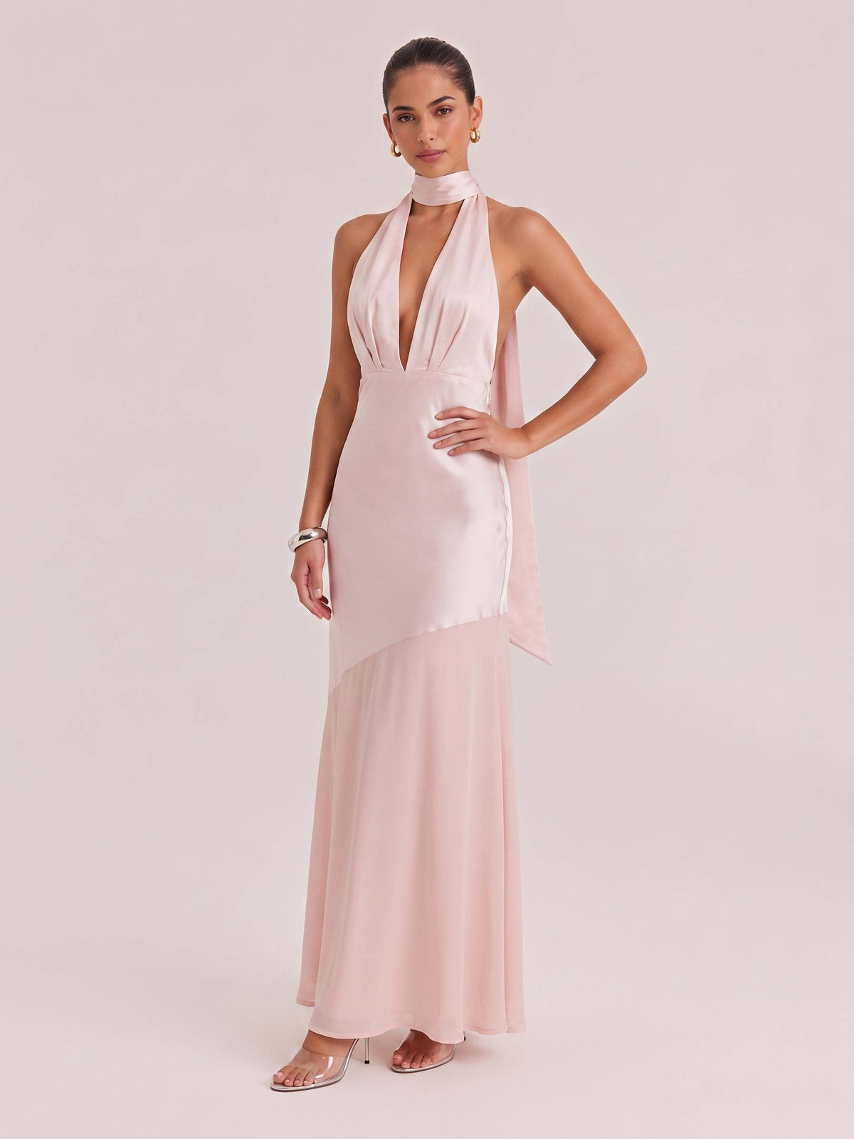 Olive Satin Halter Neck Deep V-Neck Mermaid Evening Gown - Sexy Backless Formal Dress For Party, Wedding & Gala