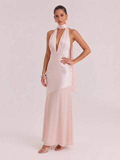 Olive Satin Halter Neck Deep V-Neck Mermaid Evening Gown - Sexy Backless Formal Dress For Party, Wedding & Gala