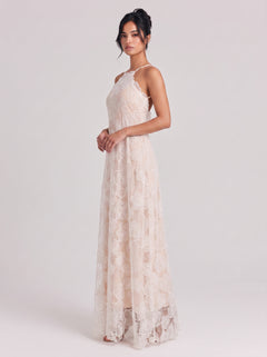 Hanging Neck Three-Dimensional Flower Lace Elegant Long Dress