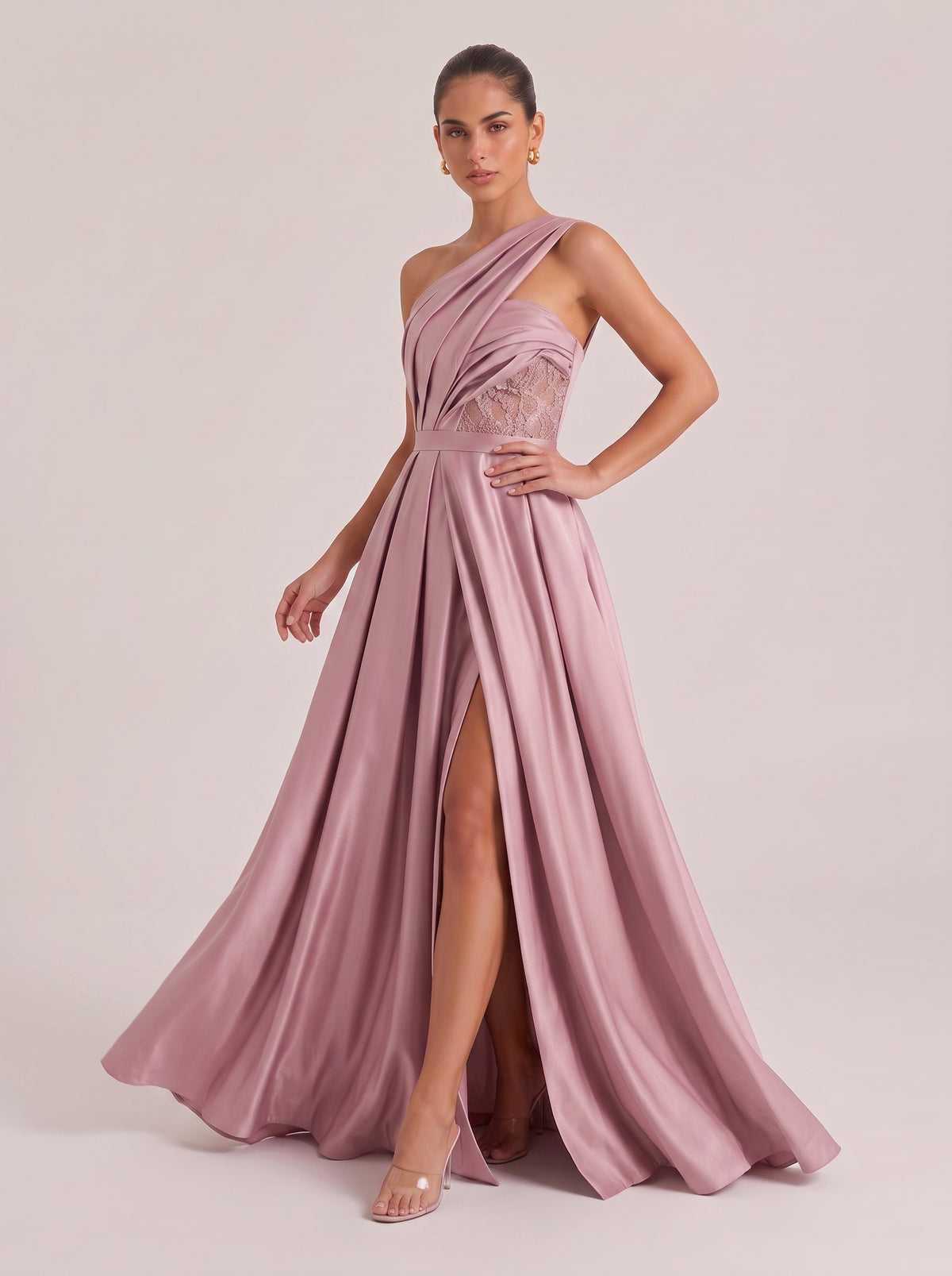 Oblique Shoulder Lace Waist Seal Satin Split Large Long Evening Gown
