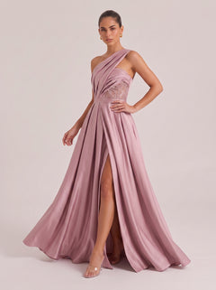 Oblique Shoulder Lace Waist Seal Satin Split Large Long Evening Gown