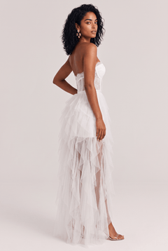 White Strapless Lace Waist Irregular Front Short Back Long Mesh Trailing Short Dress